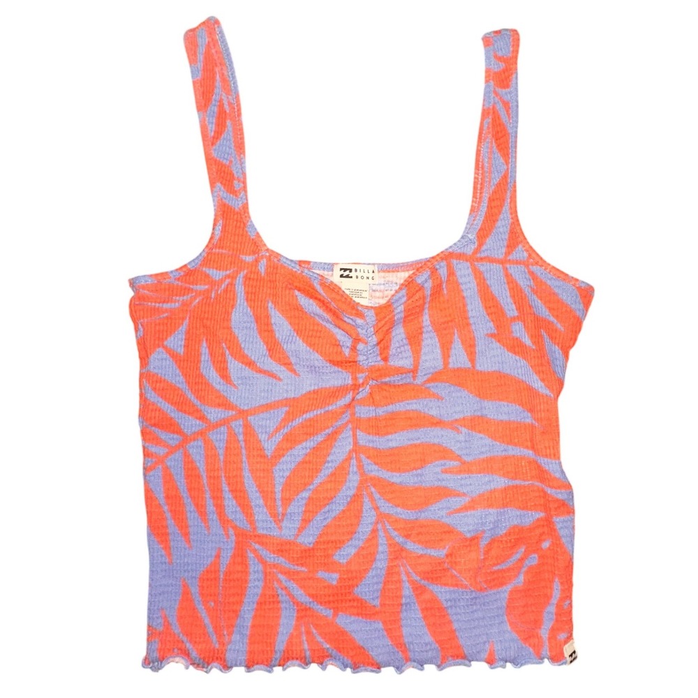 Billabong Womens Tropical Palm Print Smocked Tank Top Orange Blue Large NWT